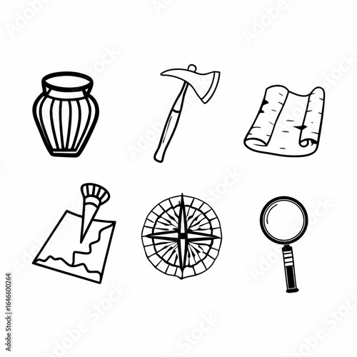 Vase, axe, scroll, map, magnifier, and compass icons isolated on white background