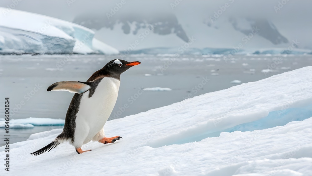 Fototapeta premium Majestic Emperor Penguin Standing on Antarctic Ice Under Clear Blue Sky