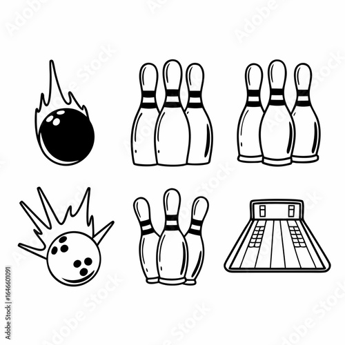 Bowling icons set isolated on white background featuring pins, ball, and bowling alley