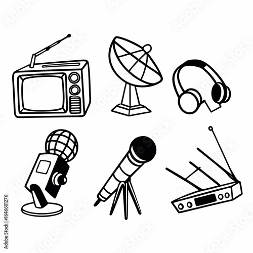 Set of communication devices antenna, microphone, satellite, television isolated on white background