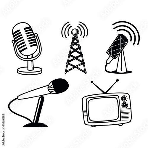 Illustration of microphone, antenna, television, and radio isolated on white background