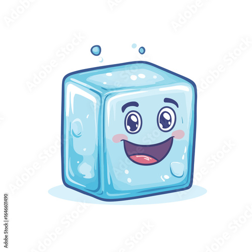 Cheerful Cartoon Ice Cube with Smiling Face and Bubbles Floating Above