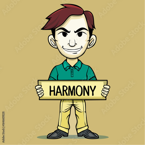  cheerful white man in pastel polo holding harmony sign – uplifting vector for music, wellness, and team-building materials