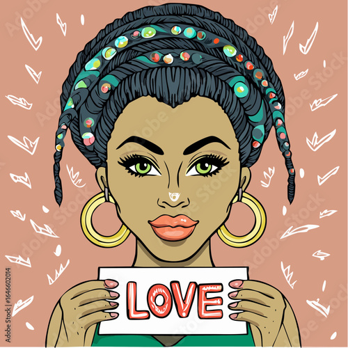 joyful black woman with locs updo holding love sign – heartwarming vector for compassion campaigns and community outreach