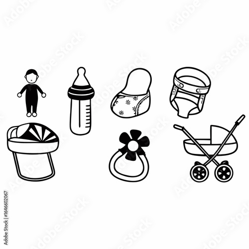 Illustration of baby items isolated on white background, including stroller and baby bottle