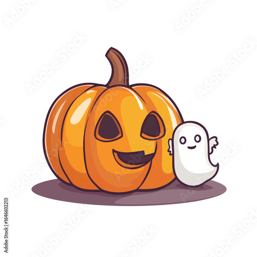 Cheerful Cartoon Pumpkin with Friendly Ghost Companion for Halloween Fun