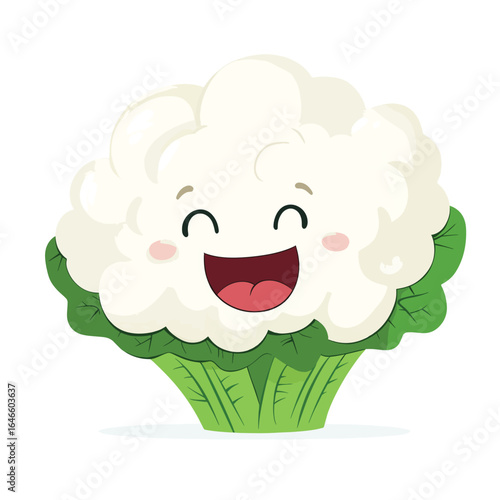 Cheerful Cauliflower Character with Smiling Face and Green Leafy Base