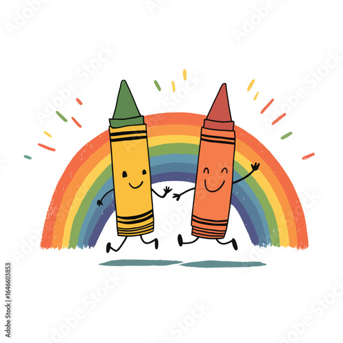 Cheerful Crayons Running Under a Colorful Rainbow with Joyful Expressions