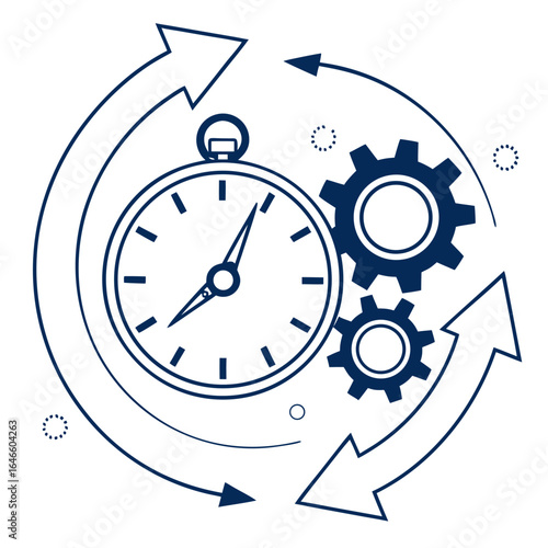 Clock with arrows rotating around and gears symbolizing time management and productivity concept design