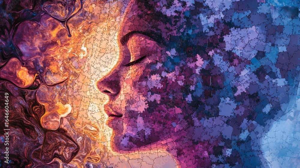 Fototapeta premium Abstract Portrait of Woman with Colorful Puzzle and Dreamy Elements