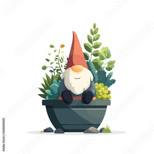Cheerful Garden Gnome Amidst Lush Succulents in a Pot
