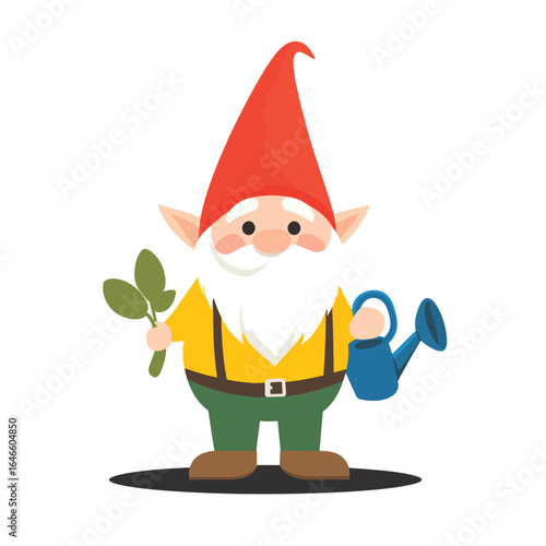 Cheerful Gnome with Pointed Red Hat Holding Seedling and Blue Watering Can