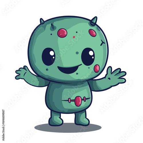 Cheerful Green Alien with Red Spots and Open Arms Smiling Widely