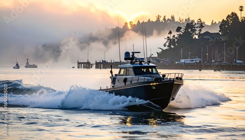Coastal Surveillance Patrol Boat Speeds Across the Harbor in Early Morning Mist