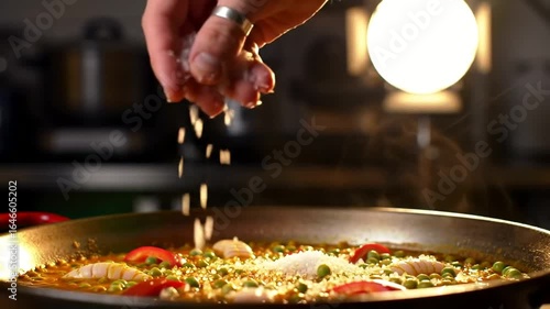 Close-up shot of a hand sprinkling salt onto a paella dish in a pan, during cooking.