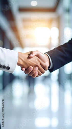 Close-up of a handshake between two businesspeople in a blurred office background