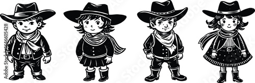 Cowboy Character Silhouette Set Sheet Vector: Western Outfits for Kids and Cartoons, Transparent Background