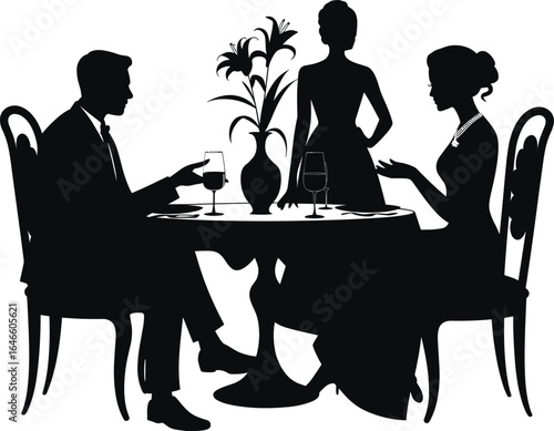 Silhouette of people dining, formal dinner scene, social interaction, elegant table setting, flower vase, conversation, gesture, hospitality, lifestyle, gathering.