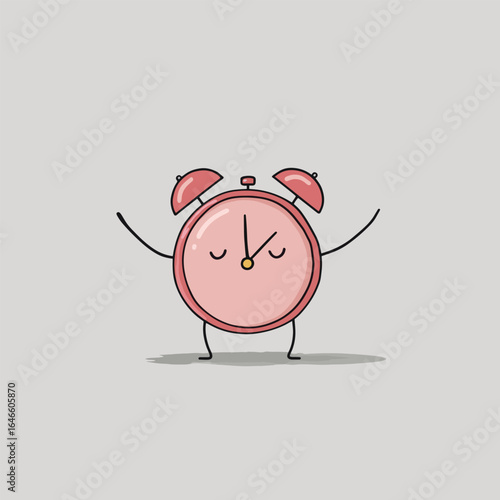 Cheerful Pink Alarm Clock Character with Arms Raised in Joyful Expression