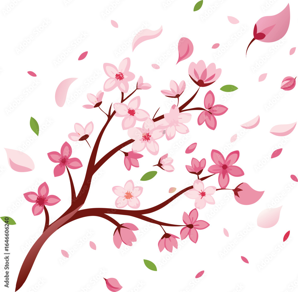 Fototapeta premium A cherry blossom tree adorned with delicate pink flowers and vibrant green leaves against a clear blue sky.