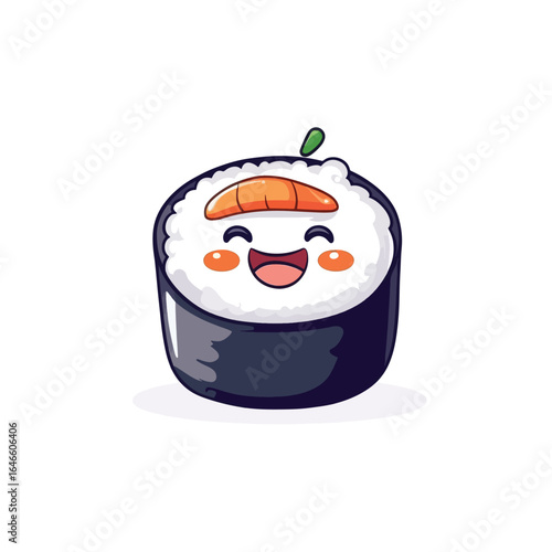 Cheerful Sushi Roll Character with Smiling Face and Salmon Topping