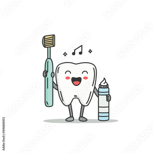 Cheerful Tooth Character with Toothbrush Toothpaste and Musical Notes
