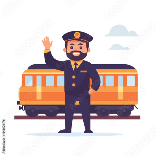 Cheerful Train Conductor Waving Beside a Classic Orange Passenger Train