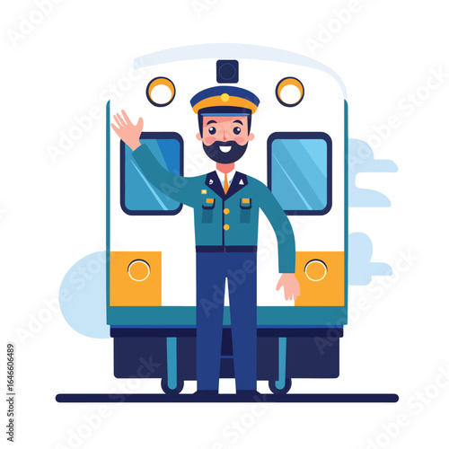 Cheerful Train Conductor Waving Beside a Modern Train Car with Circular Details