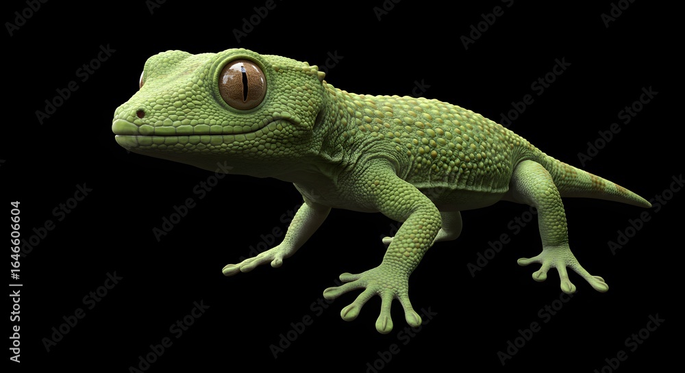 Fototapeta premium Realistic 3D Render of a Green Gecko Isolated on Black Background
