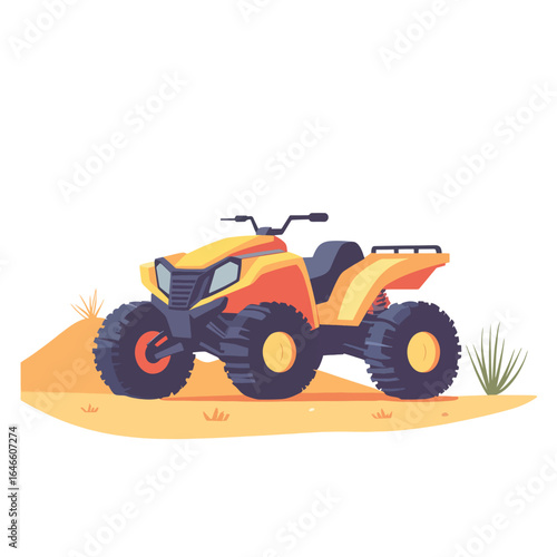 Colorful ATV Illustration on a Sandy Dune with Green Grass and Shadows
