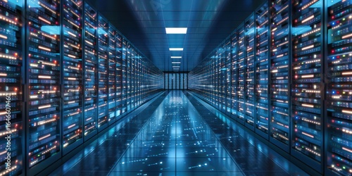 A long, narrow hallway with rows of server racks, illuminated by blue and white lights