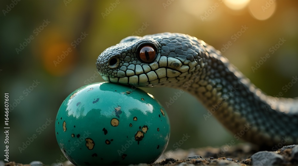 Obraz premium Close-up of Exotic Snake Touching a Turquoise Bird Egg in the Wild