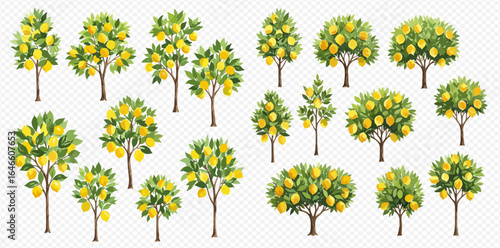 A collection of illustrated lemon trees in various shapes and sizes, all bearing ripe yellow fruit.