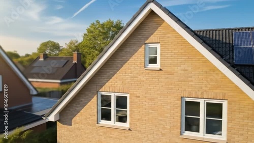 Wallpaper Mural Modern residential house with a gabled roof and solar panels under a clear blue sky, concept of sustainable living. Torontodigital.ca