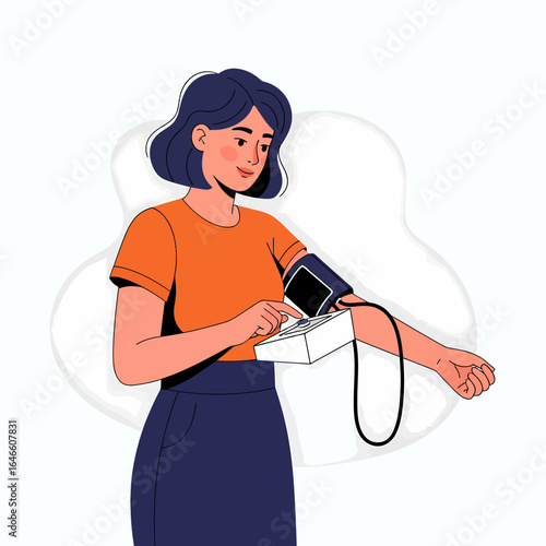 Woman checking her own blood pressure at home, self-care vector illustration set