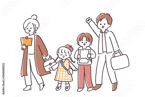 仲良しな家族がお出かけしているかわいいイラスト