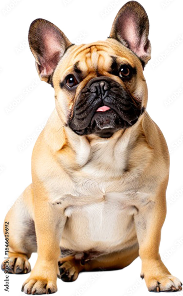Fototapeta premium A charming fawn French Bulldog sitting with its tongue sticking out, a humorous and endearing pet portrait.