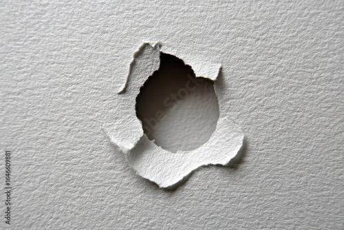 A circular hole punched through a textured white surface, revealing an inner void.  Ripped paper edges encircle the opening