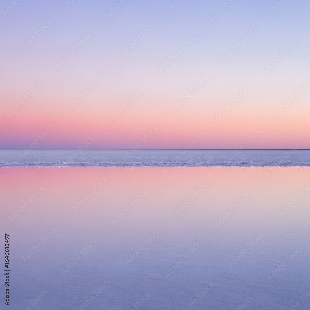Obraz premium Pastel Sky Meets Calm Waters: A Serene Horizon Reflected, Evoking Tranquility and Peaceful Harmony at Dawn.