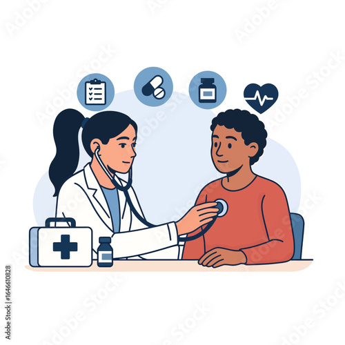 Set of medical illustrations of a doctor examining a patient with a stethoscope.