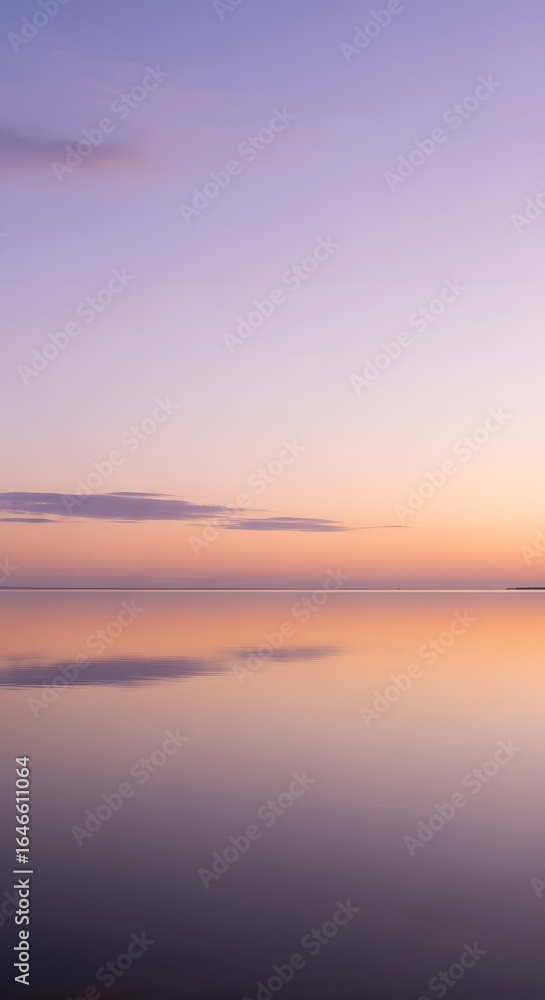 Obraz premium Soft pastel hues paint a serene horizon as a tranquil sky meets its perfect reflection on the calm, mirror-like waters, evoking peace and solitude.