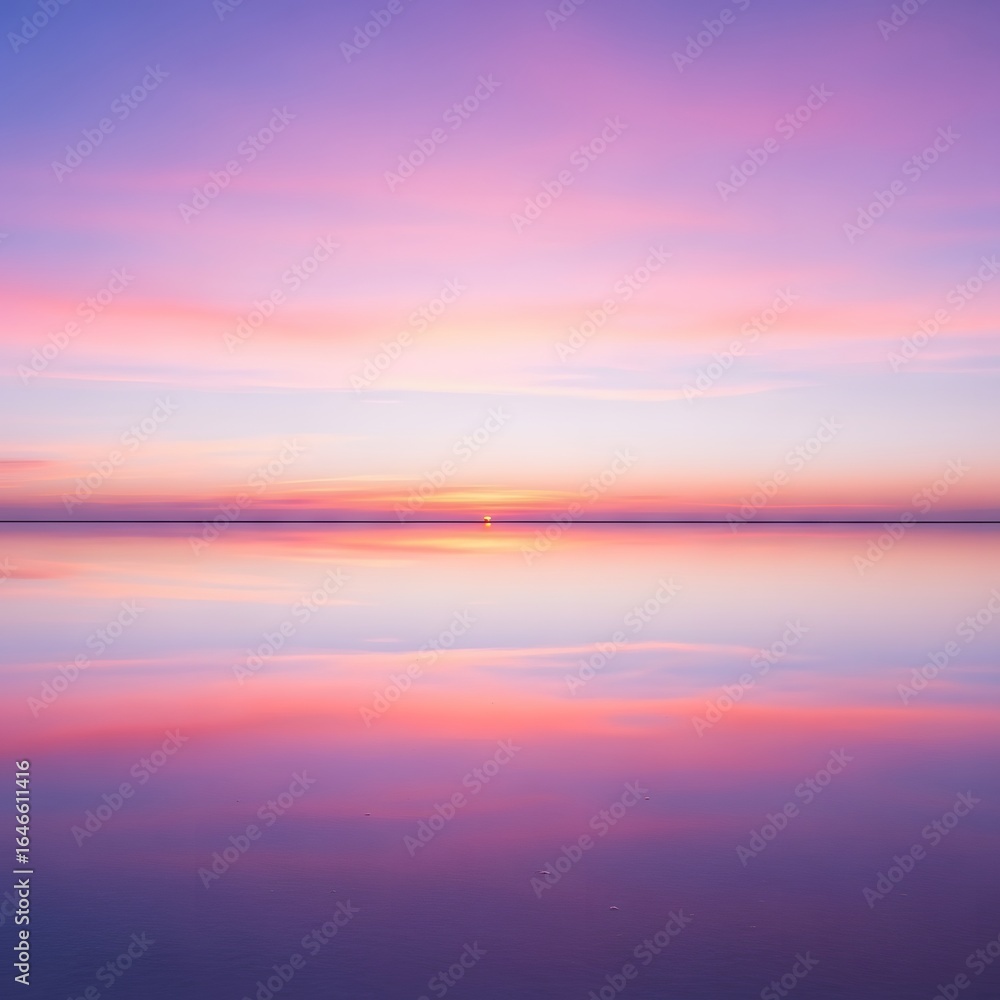 Obraz premium Tranquil Pastel Horizon: Symmetrical Reflection of Sky on Calm Water, A Minimalist Landscape of Serenity.
