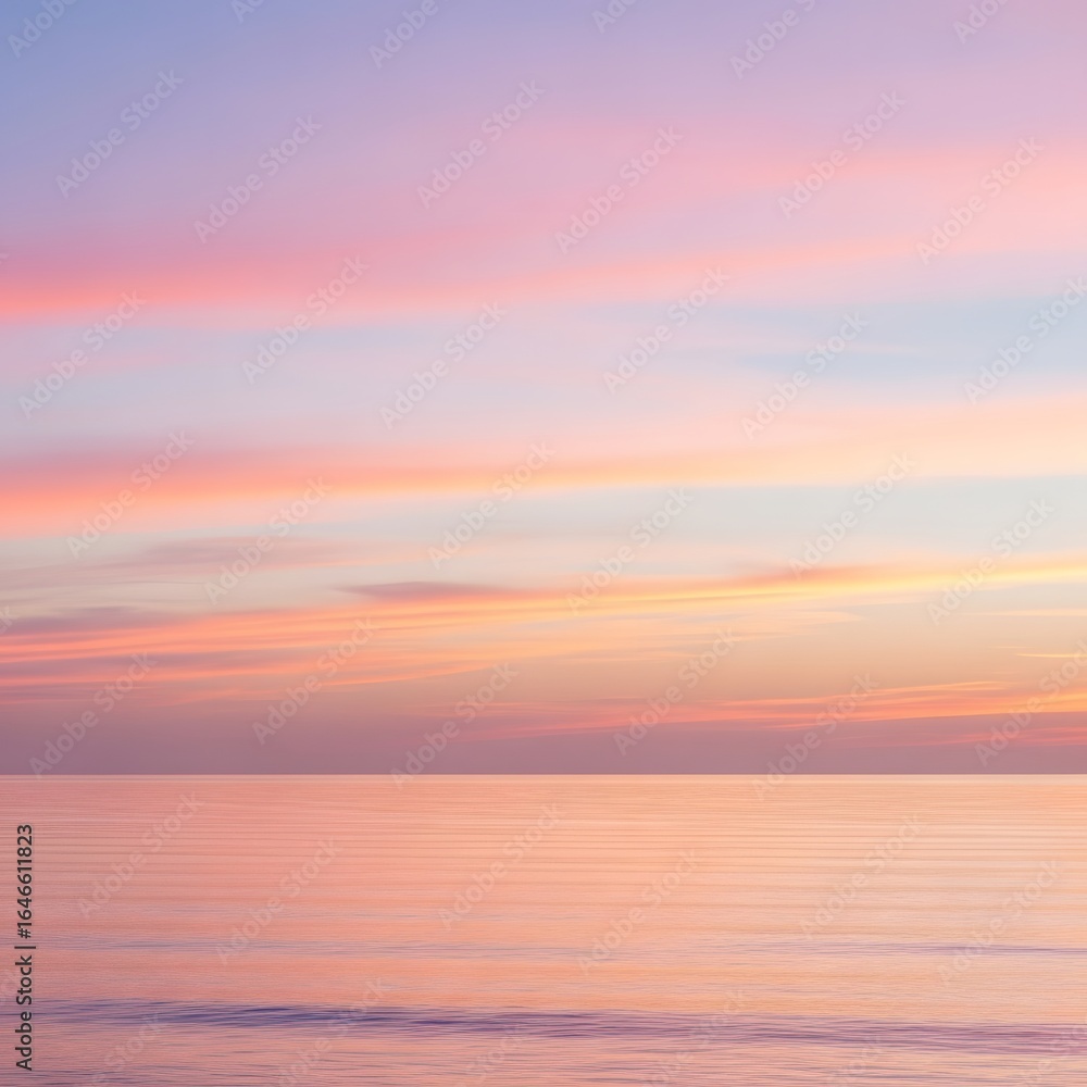 Fototapeta premium Pastel Sunset Over Calm Ocean Horizon, Reflecting Serenity and Natural Beauty with a Gentle Glow