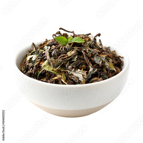 Loose leaf tea in a bowl mint garnish