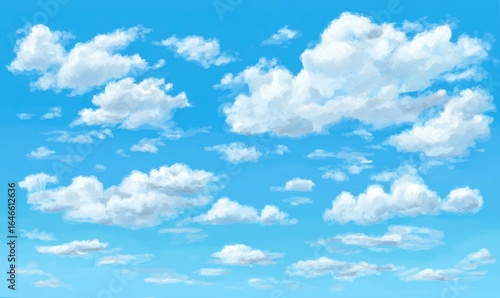 Fototapeta Naklejka Na Ścianę i Meble -  Whimsical, fluffy clouds on a vibrant blue sky