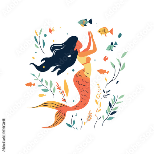Colorful Mermaid Surrounded by Aquatic Flora and Fauna