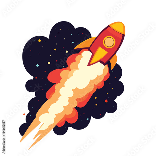 Colorful Rocket Launching into Space with Dramatic Flames