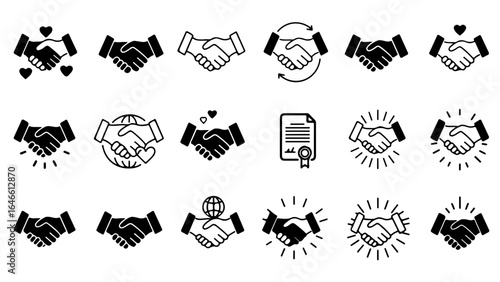 Illustrative handshake icons representing global business partnership, trust, and agreement for professional designs