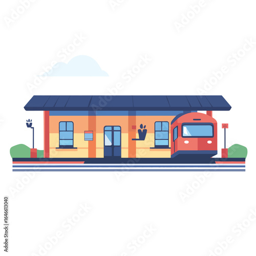 Colorful Train Station with Red Train and Blue Roof Illustration