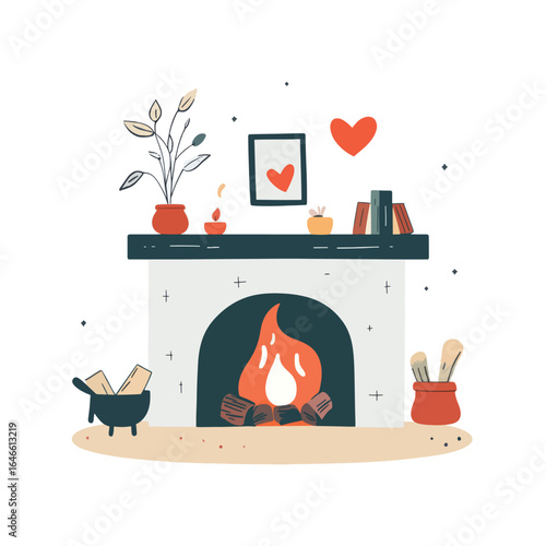 Cozy Fireplace Scene with Heart Accents and Decorative Elements